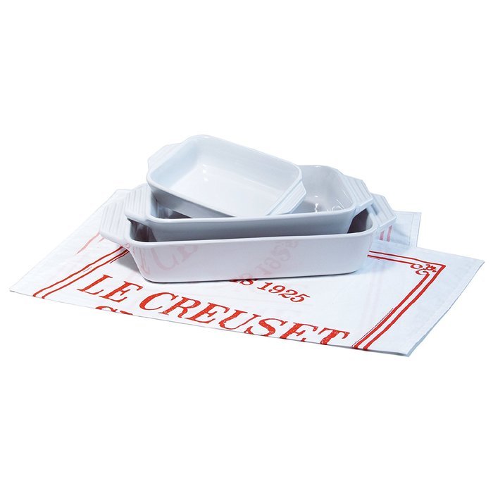 Le Creuset 3 Piece Cherry Stoneware Rectangular Casserole Dish Set with Free Bonus Cuisine Towel N4