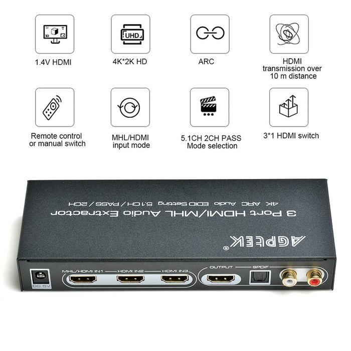 AGPtek&reg; HDMI to HDMI + SPDIF + RCA L / R Audio Extractor Converter (HDMI input,HDMI+ Audio output) N9
