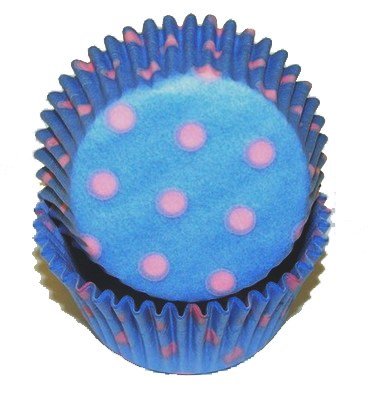 CLEARANCE FREE STANDARD SHIPPING - 24 Polka Dot Baking Cups Cupcake Liners - Powder Blue with Pink Dots - for...