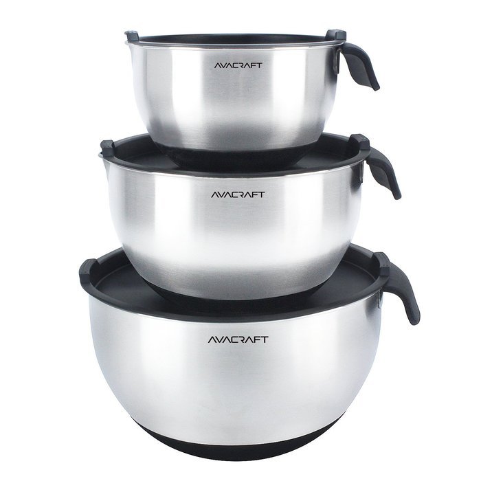 AVACRAFT High Quality 18/10 Non-Slip Silicone bottom Stainless Steel Mixing Bowl Set with Lids, Soft Silicone...