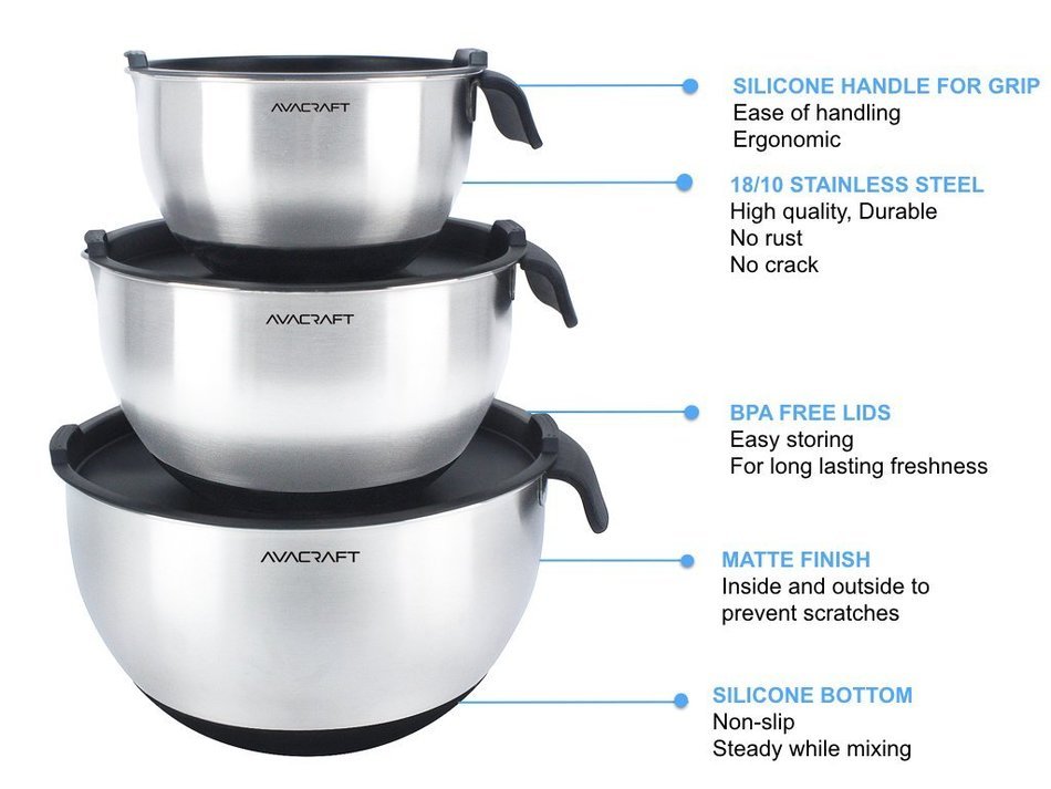 AVACRAFT High Quality 18/10 Non-Slip Silicone bottom Stainless Steel Mixing Bowl Set with Lids, Soft Silicone... N2