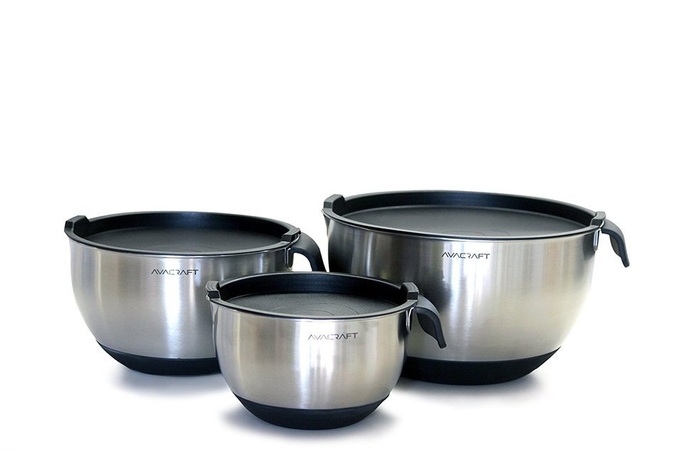 AVACRAFT High Quality 18/10 Non-Slip Silicone bottom Stainless Steel Mixing Bowl Set with Lids, Soft Silicone... N6