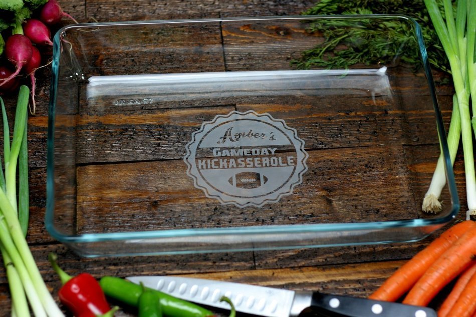 Personalized Sports Gameday Engraved Casserole Dish with Circle Gameday Kickasserole Label