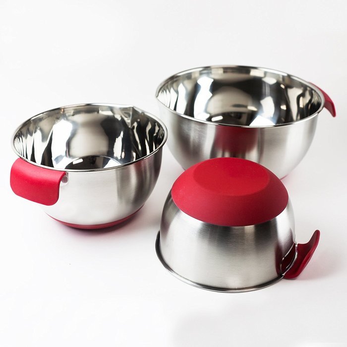 HUJI 3 Piece Stainless Steel Mixing Bowls set with Pouring Spouts & Non-Slip Silicon Base and Handles For Baking... N10