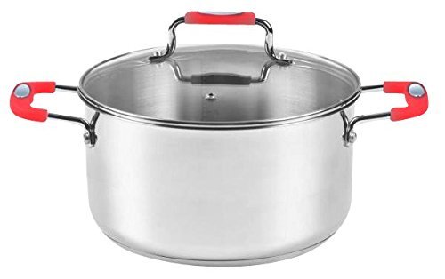 Europware 0130-20CA Stainless Steel 4 quart Casserole Pan with Glass Lid, Large, Silver/Red