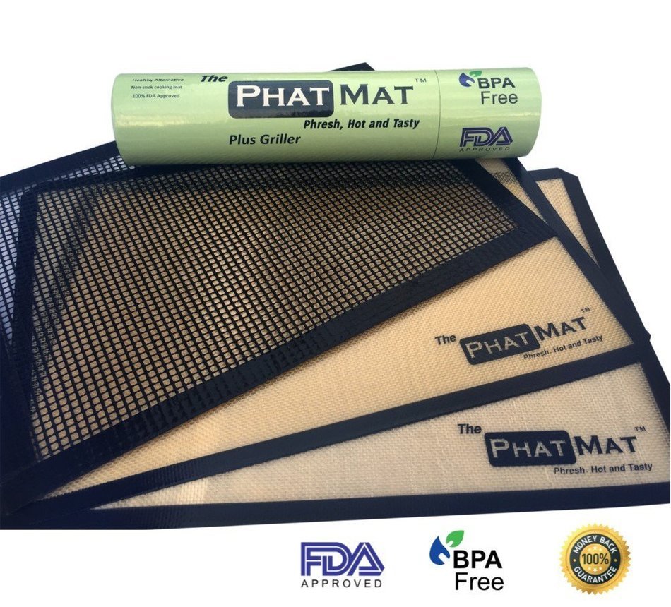Premium Silicone Baking Mat (2) PLUS Grill Mesh for Healthy Cooking from The PhatMat- Half Sheet Mat