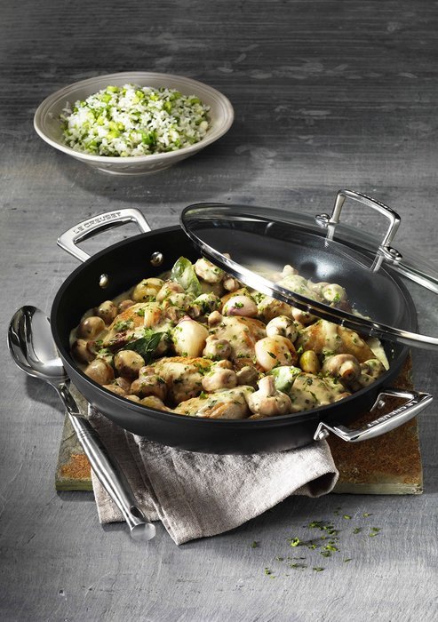 Le Creuset Forged Hard-Anodized 12-Inch Nonstick Shallow Casserole/Braiser with Glass Lid N6