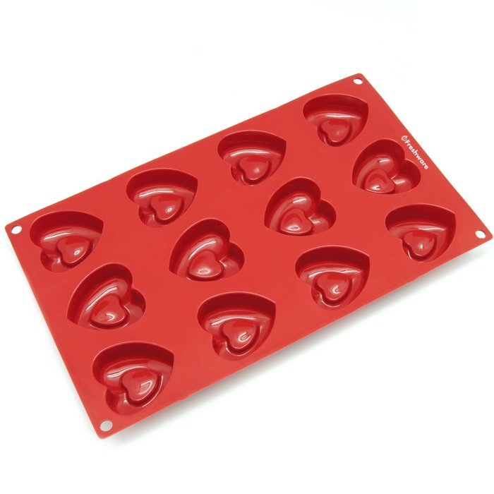 Freshware SM-110RD 12-Cavity Silicone Mini Valentine Heart Muffin, Brownie, Cornbread, Cheesecake, Pudding, Jello... N2