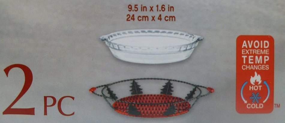 Pyrex 9.5" Pie Plate Limited Edition 2 pc Christmas Serveware Set - pie dish & metal & wicker server evergreen... N2