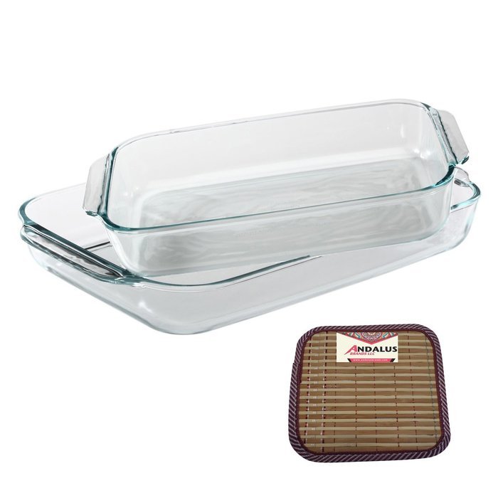 Pyrex Basics 2 Piece Value Plus Pack with 2 & 3 Quart Clear Oblong Glass Baking Dishes - Includes Bamboo Hot Pad...