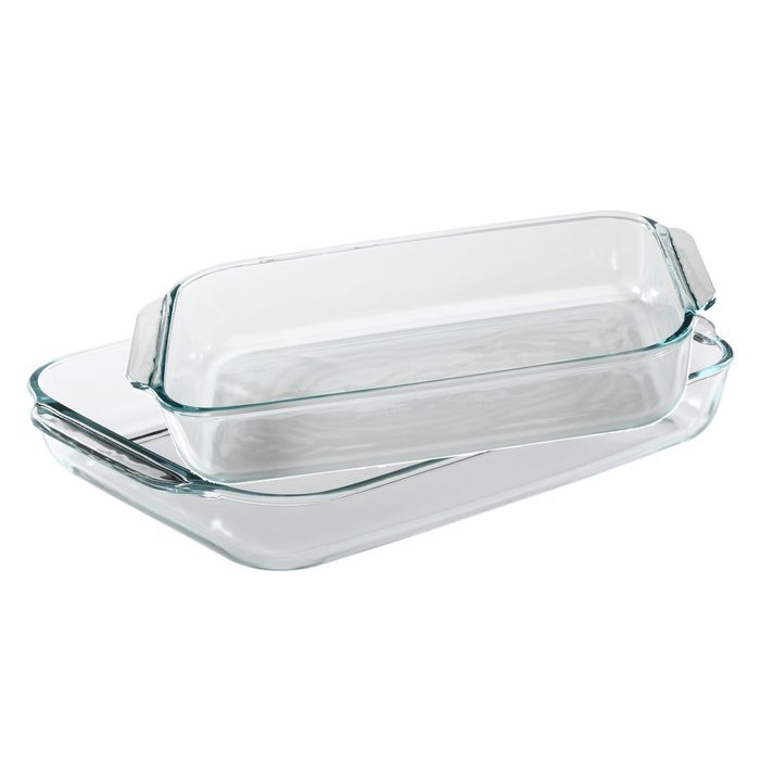 Pyrex Basics 2 Piece Value Plus Pack with 2 & 3 Quart Clear Oblong Glass Baking Dishes - Includes Bamboo Hot Pad... N4