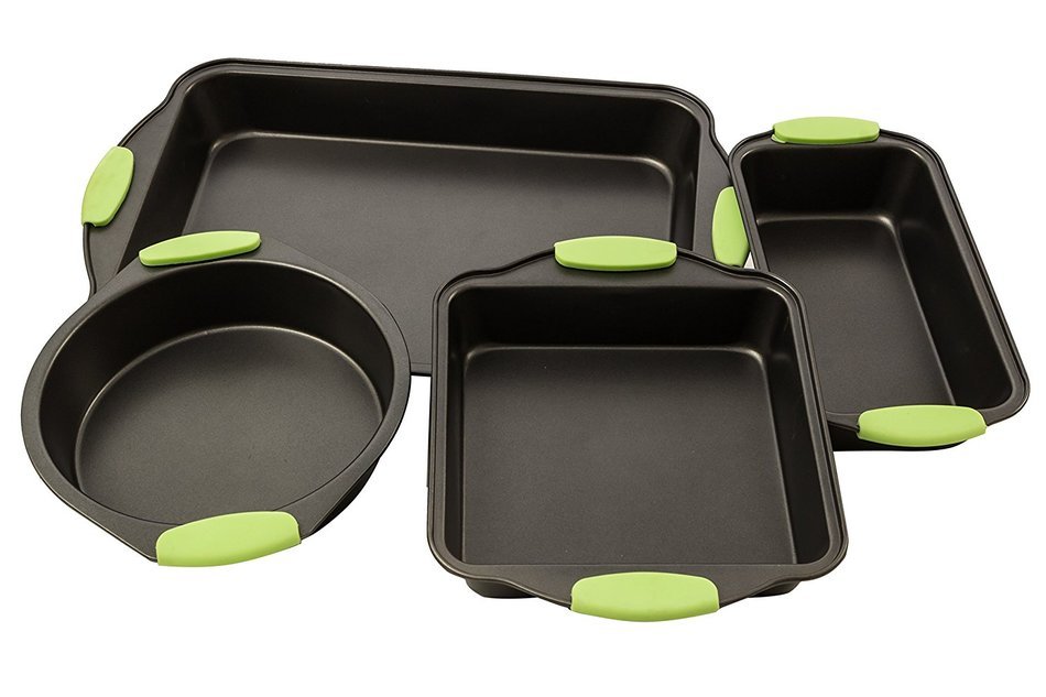 Bakeware Set -Premium Nonstick Baking Pans -Set of 4- ligh green Silicone Handles includes a Pie Pan, a Square...