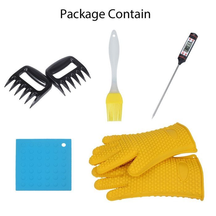 Foreasy New 5 Kinds BBQ Tool Sets,1 Pair Silicone Oven Mitts,1 Pair Meat Claws,1 BBQ Grill Thermometer,1 Pot Holder... N8