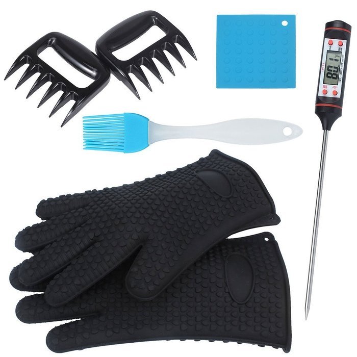 Foreasy New 5 Kinds BBQ Tool Sets,1 Pair Silicone Oven Mitts,1 Pair Meat Claws,1 BBQ Grill Thermometer,1 Pot Holder... N22