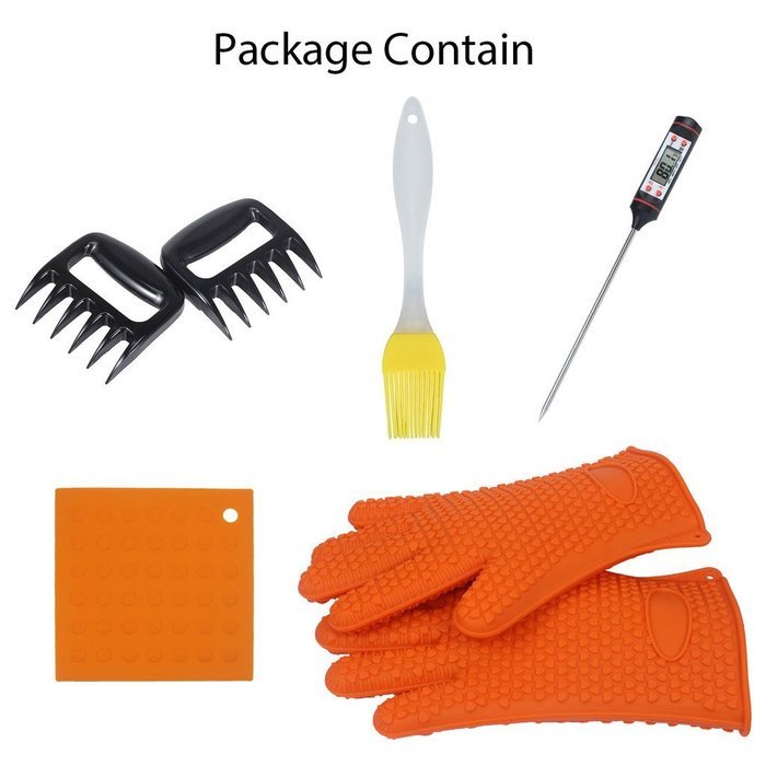 Foreasy New 5 Kinds BBQ Tool Sets,1 Pair Silicone Oven Mitts,1 Pair Meat Claws,1 BBQ Grill Thermometer,1 Pot Holder... N29