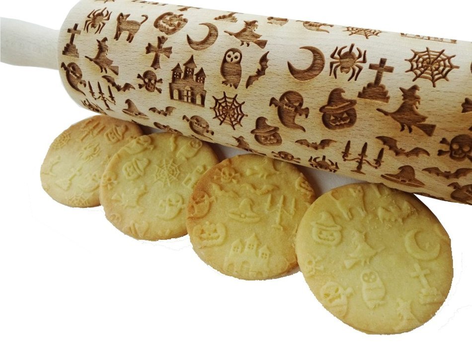 Bopstyle Wooden Laser Engraved Rolling Pin with Halloween Pattern for Embossed Cookies (15" x 1.96&ldquo;, Style-1)