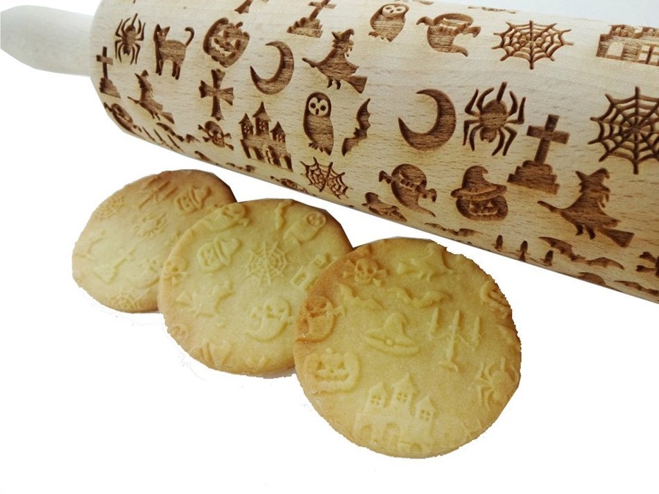 Bopstyle Wooden Laser Engraved Rolling Pin with Halloween Pattern for Embossed Cookies (15" x 1.96&ldquo;, Style-1) N3