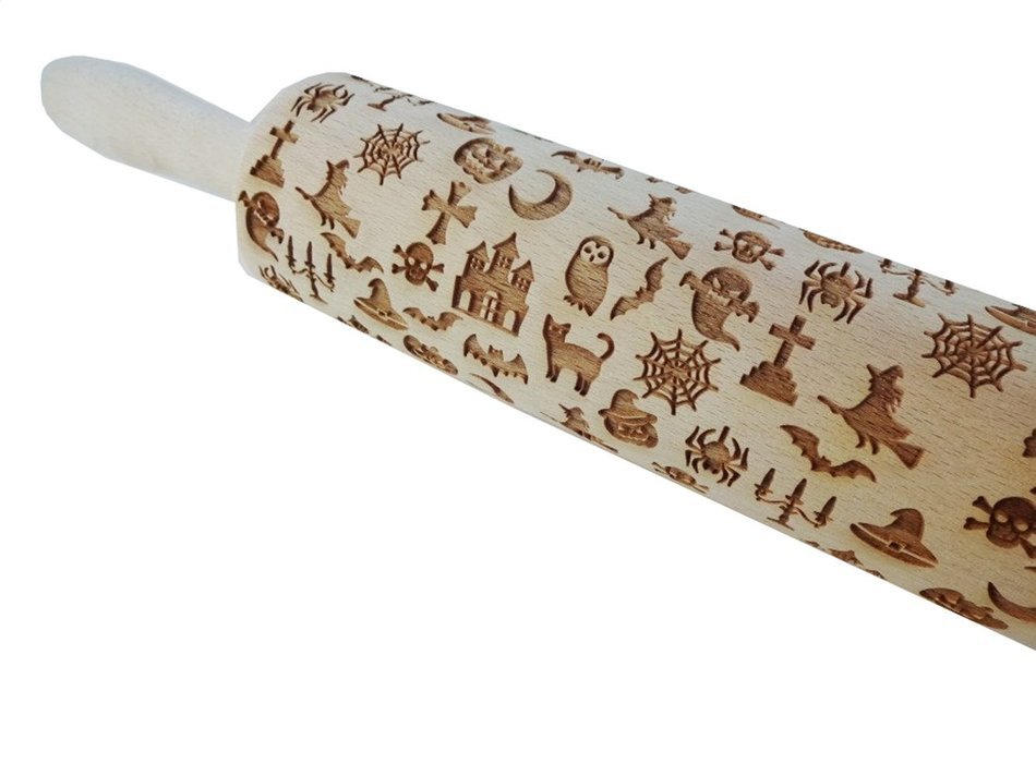 Bopstyle Wooden Laser Engraved Rolling Pin with Halloween Pattern for Embossed Cookies (15" x 1.96&ldquo;, Style-1) N4