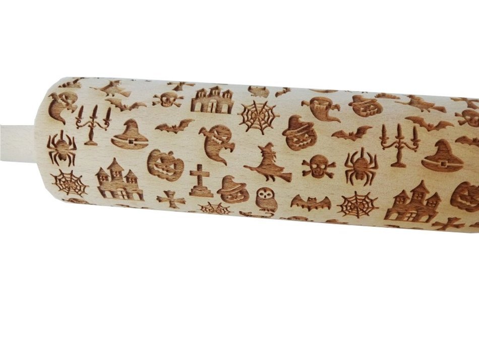 Bopstyle Wooden Laser Engraved Rolling Pin with Halloween Pattern for Embossed Cookies (15" x 1.96&ldquo;, Style-1) N5