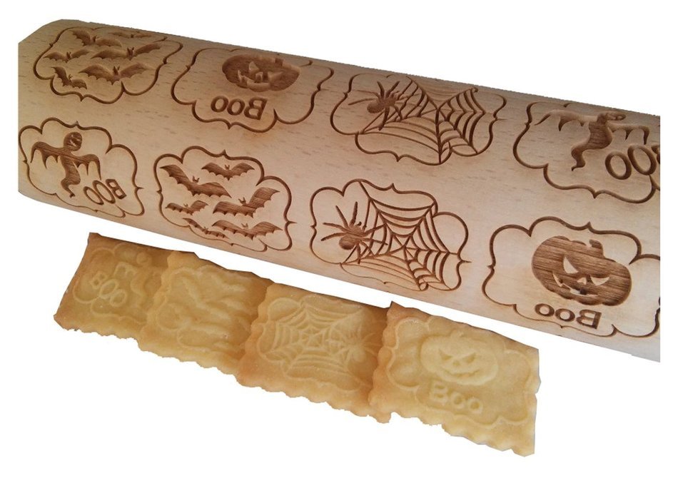 Bopstyle Wooden Laser Engraved Rolling Pin with Halloween Pattern for Embossed Cookies (15" x 1.96&ldquo;, Style-1) N6