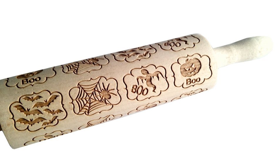 Bopstyle Wooden Laser Engraved Rolling Pin with Halloween Pattern for Embossed Cookies (15" x 1.96&ldquo;, Style-1) N7