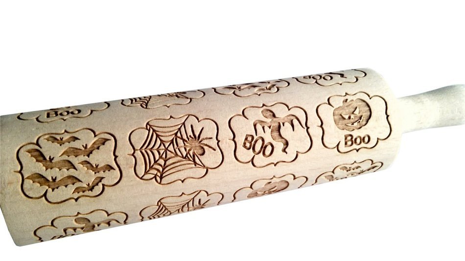 Bopstyle Wooden Laser Engraved Rolling Pin with Halloween Pattern for Embossed Cookies (15" x 1.96&ldquo;, Style-1) N8