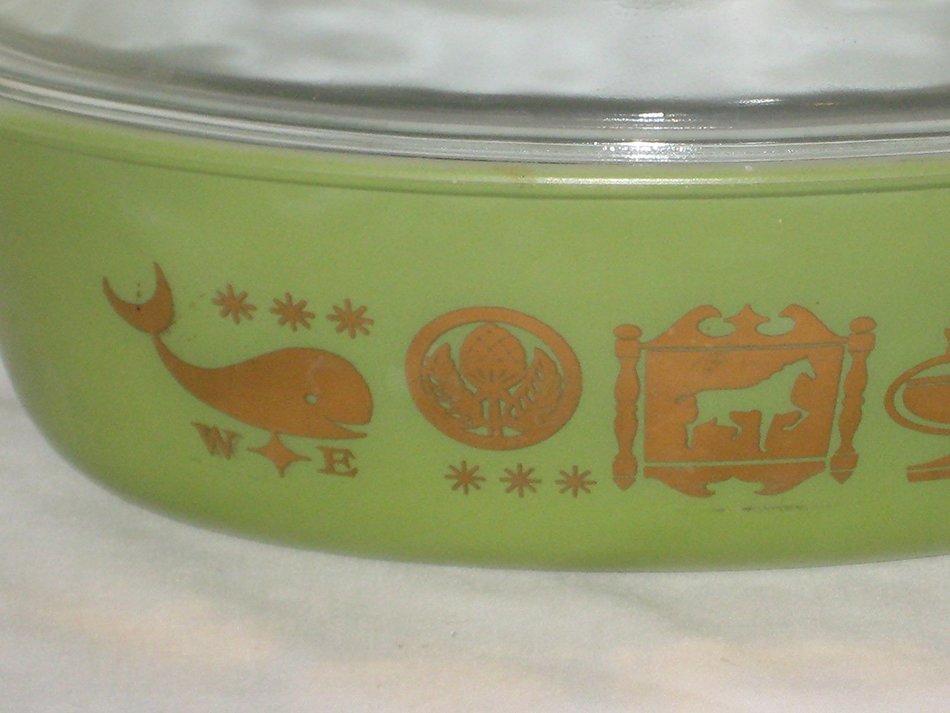 Vintage Glasbake Green & Gold Pattern Oval 2 Quart Casserole Baking Dish w/Lid N2