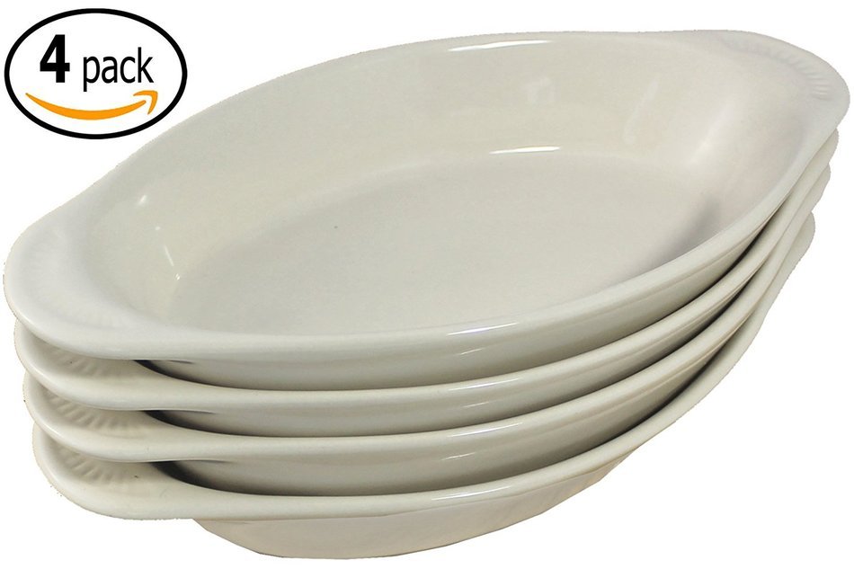 ITI Ceramic Oval Rarebit / Au Gratin Baking Dish with Pan Scraper, Set of 4 (15 Ounce, Bone White)