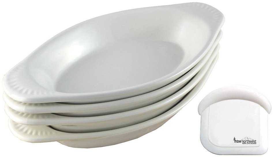 ITI Ceramic Oval Rarebit / Au Gratin Baking Dish with Pan Scraper, Set of 4 (15 Ounce, Bone White) N7