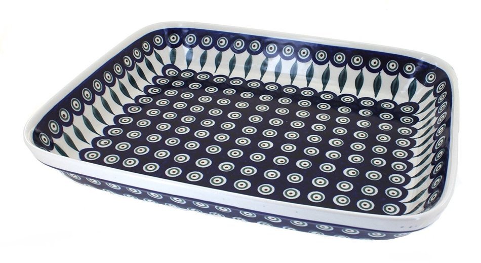 Polish Pottery Peacock Large Rectangular Baker