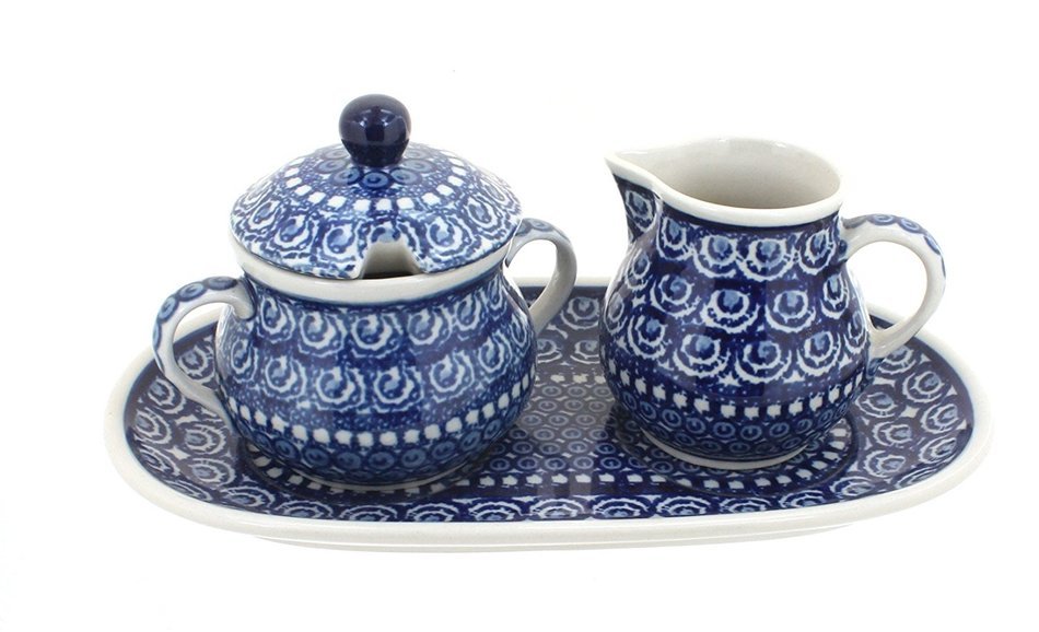 Polish Pottery Pearl Small Cream & Sugar Set with Tray