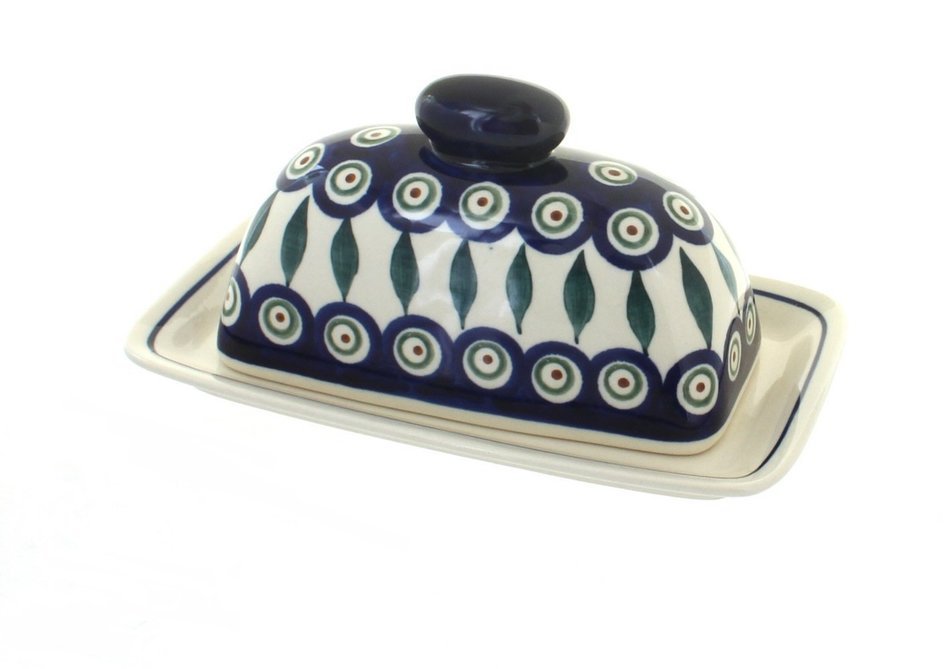 Polish Pottery Peacock Butter Dish
