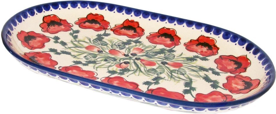 Boleslawiec Stoneware - Polish Pottery 9 1/4" Oval Serving Platter - Eva's Collection "Poppy Field" N2