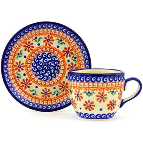 Ceramika Bona H7381G Polish Pottery Ceramic Cup with Saucer Hand Painted, 7-Ounce