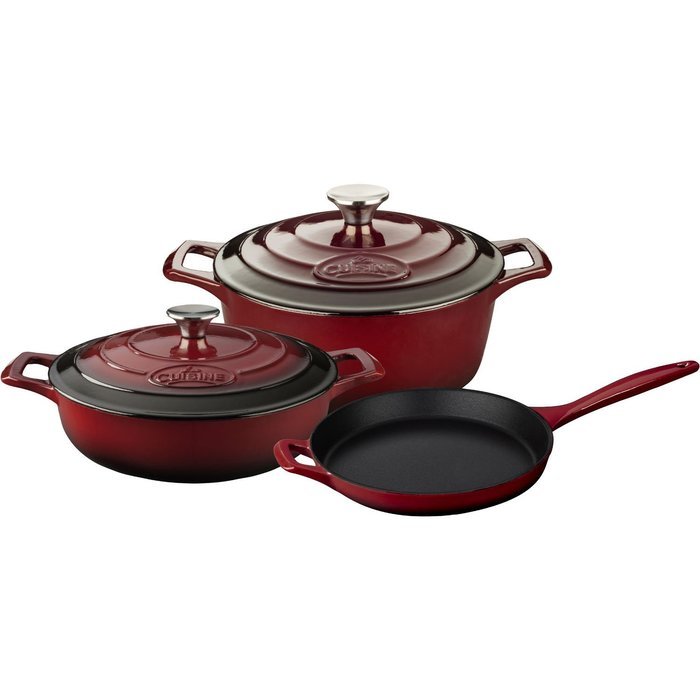 La Cuisine LC 2605 5 Piece Enameled Cast Iron Round Casserole Cookware Set, Ruby