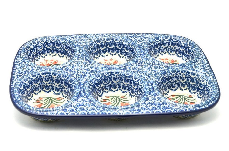 Polish Pottery Muffin Pan - Crimson Bells