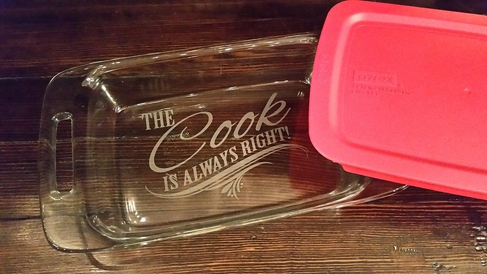 Engraved Glass Baking Dish with Lid 9x13, 7x11, or 8x8 sizes- 2001- Cooking Is Love Made Visible N2