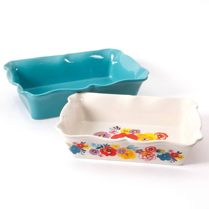 The Pioneer Woman Flea Market 2-Piece Decorated Rectangular Ruffle Top Ceramic Bakeware Set, turquoise & floral...