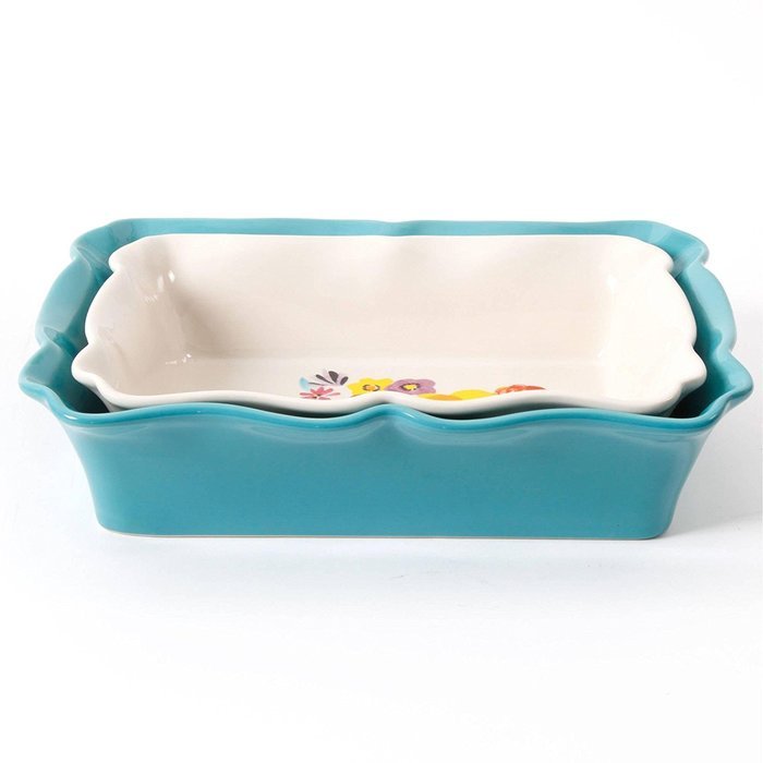 The Pioneer Woman Flea Market 2-Piece Decorated Rectangular Ruffle Top Ceramic Bakeware Set, turquoise & floral... N2
