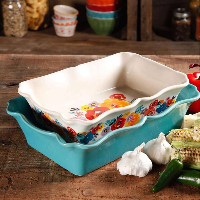 The Pioneer Woman Flea Market 2-Piece Decorated Rectangular Ruffle Top Ceramic Bakeware Set, turquoise & floral... N3