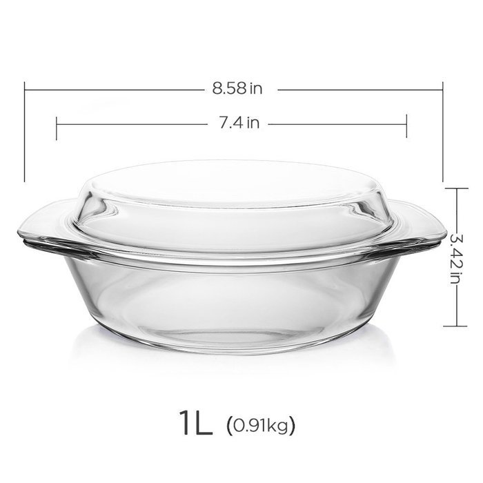 Glass Bakeware, Glencreag 1 Liter Round Clear Tempered Glass Casserole Baking Dish with Lid, Heat-resistant and...