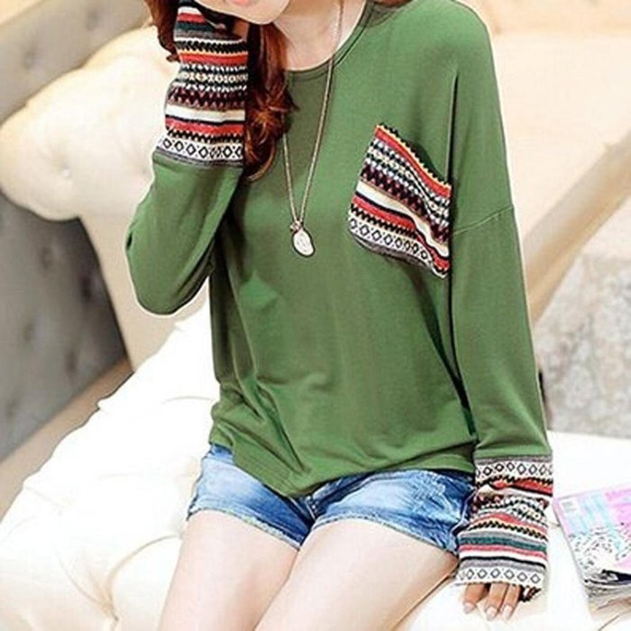 AIMTOPPY Womens Long Sleeve Round Neck Loose Shirt Blouse Tops (XXL, Green) N2