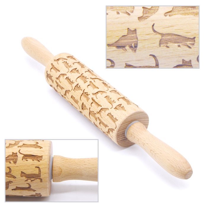 Cat Rolling Pin Yummy Sam Baking Pin Rod Laser Engraved Wood with Cat Design 13.4 inches Embossed Hardwood Cylinder... N4
