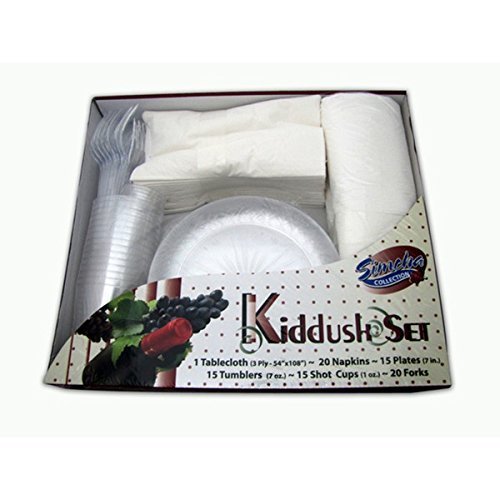 Kiddush Dinnerware Set 1 Tablecloth 20 Napkins 15 Plates 15 Tumblers 15 Shot Cups 20 Forks/Set of 6