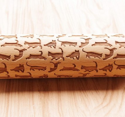 Hardwood Laser Engraved Rolling Pin with Cat Pattern for Cookies and Pizza N2