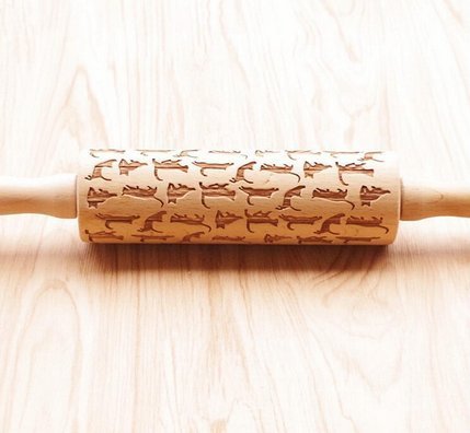 Hardwood Laser Engraved Rolling Pin with Cat Pattern for Cookies and Pizza N3