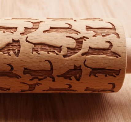 Hardwood Laser Engraved Rolling Pin with Cat Pattern for Cookies and Pizza N4