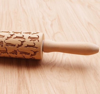 Hardwood Laser Engraved Rolling Pin with Cat Pattern for Cookies and Pizza N5