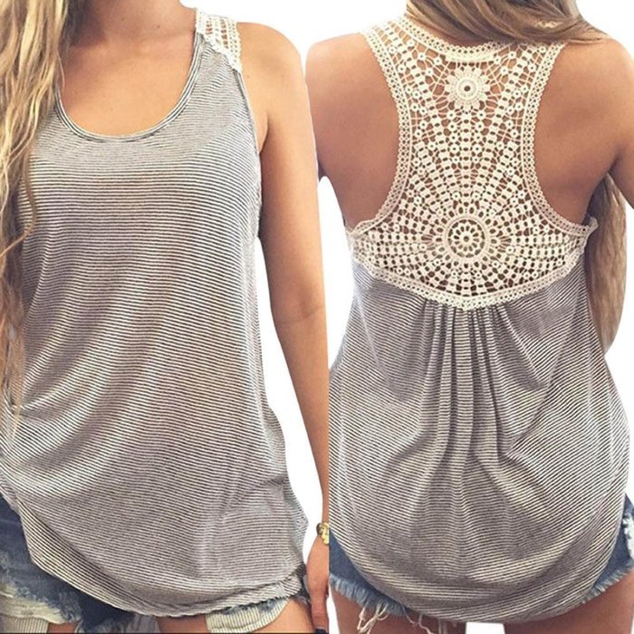 AIMTOPPY Women Summer Lace Vest Top Short Sleeve Blouse Casual Tank Tops T-Shirt (M, Gray)