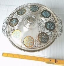 Vintage Georges Briard Gold/Turquiose Medallion FIRE-KING Glass Casserole Dish+Lid - 2 Quart N2